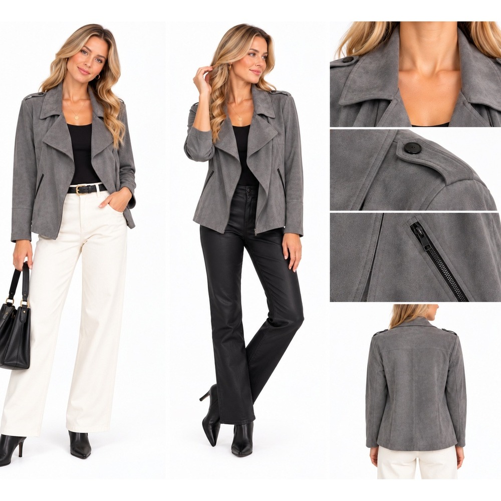 KUT from the Kloth M Gray Faux Suede Jacee Draped Moto Jacket Zip Pocket KJ37101
